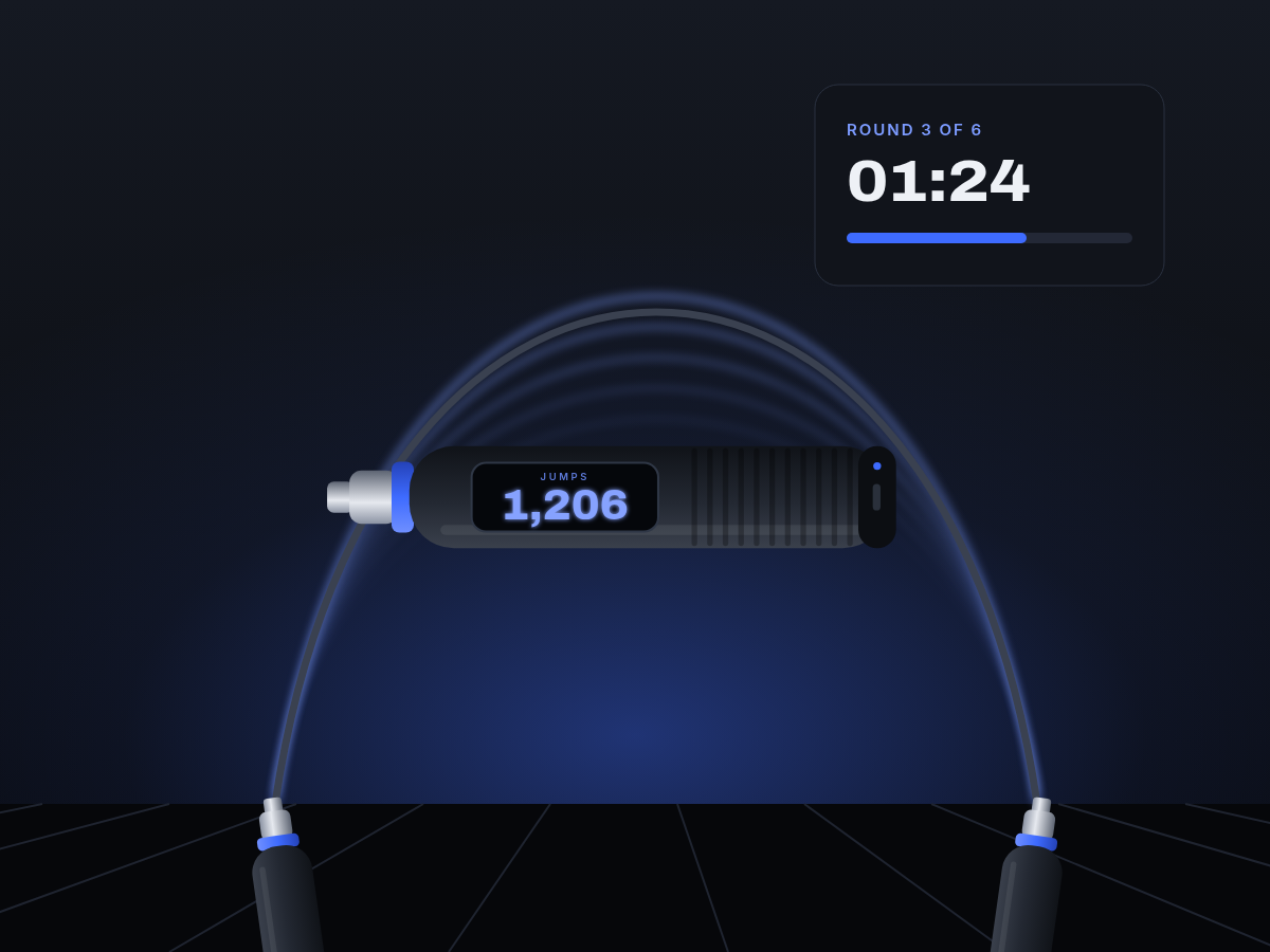 R1 handle display showing a live jump count mid-session, with an interval timer (concept render)